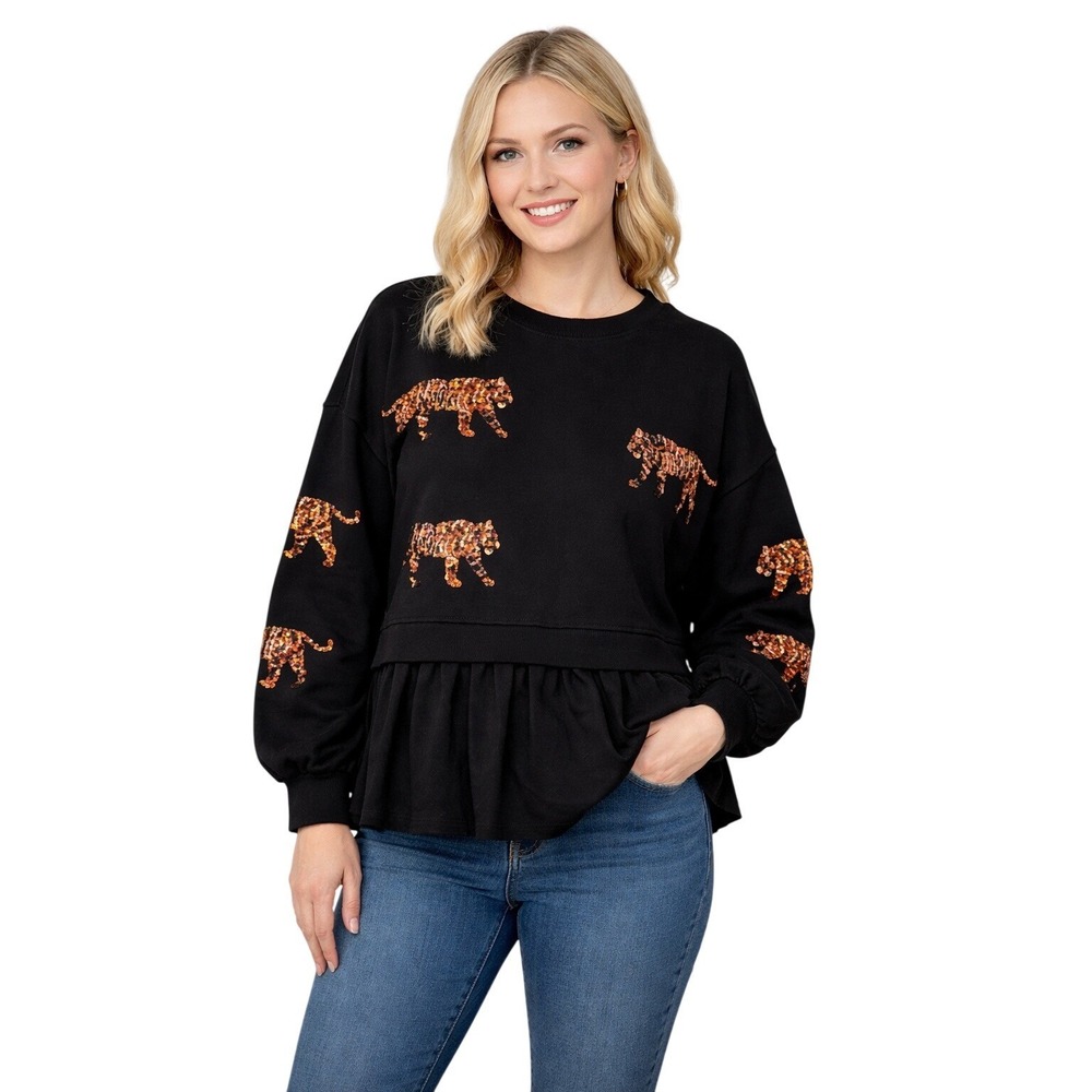 Blue B Collection Black Sequin Tiger Peplum Sweatshirt Top Womens Medium